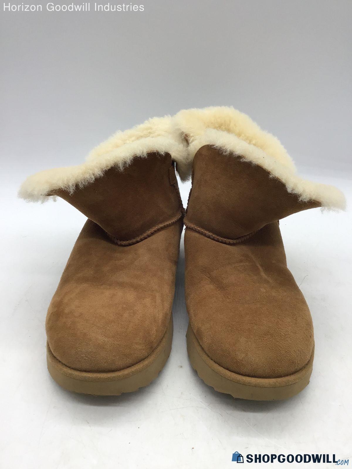 Used Ugg Shoes Mini Uggs Boots Cream Tan Brown Leather Faux Fur Women's ...