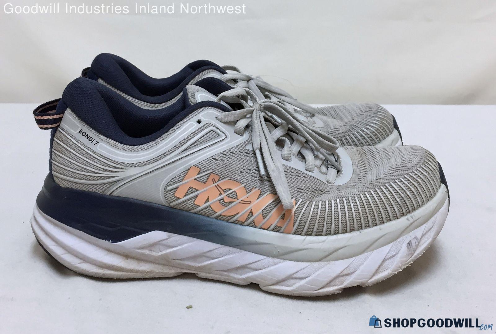 Women's Hoka Gray/Navy Blue Bondi 7 Wide Athletic Sneakers Size 8.5D ...