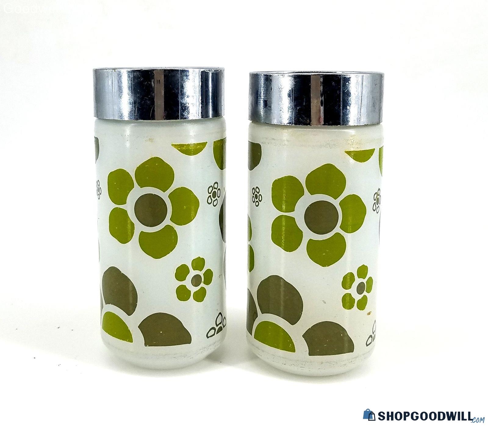 Vintage Mid Century Glass And Metal Shakers With Avocado Green Floral Pattern 6607