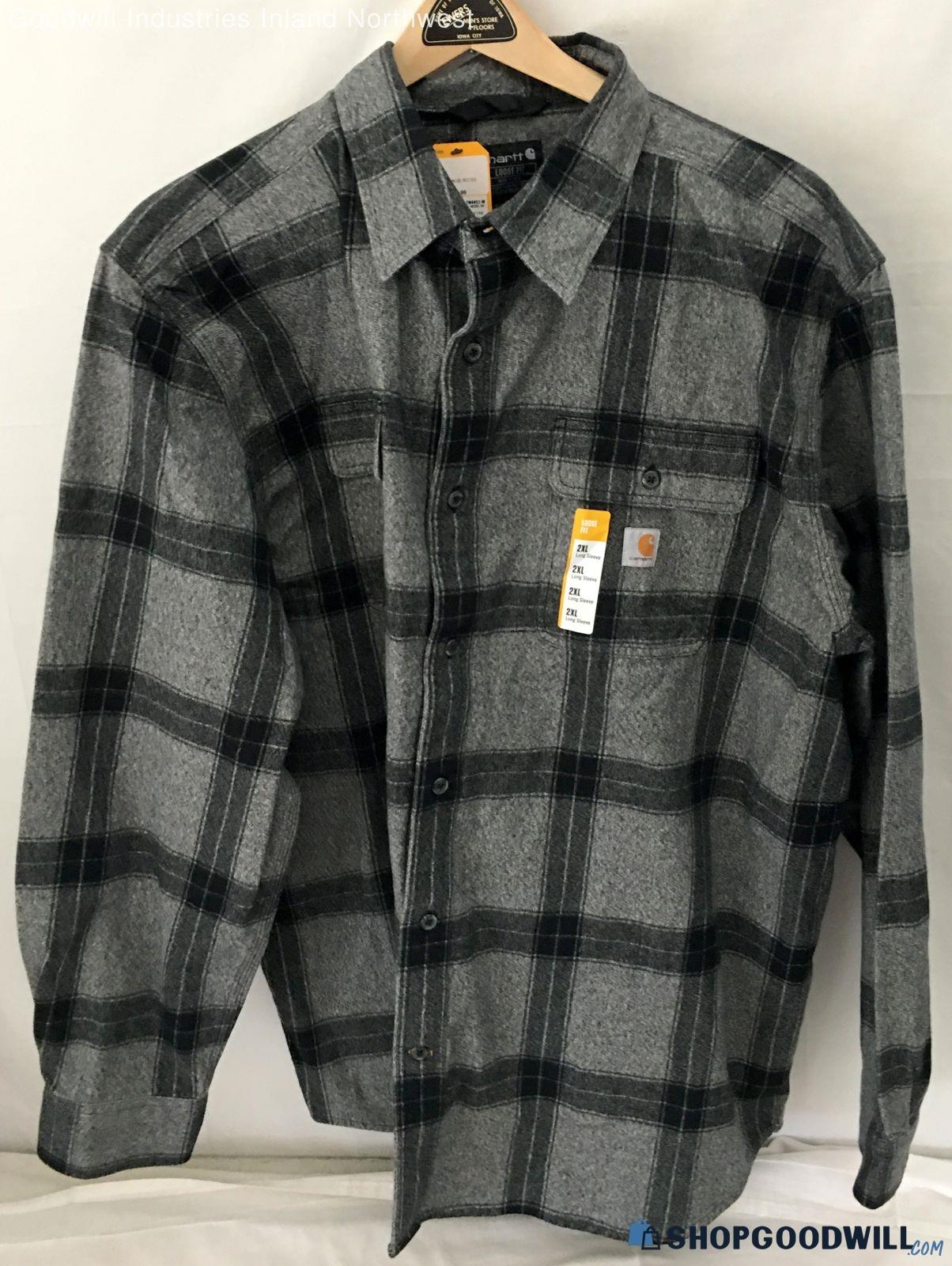 NWT Men's Carhartt Plaid Button Up Grey/Black Cotton Flannel Size 2XL ...