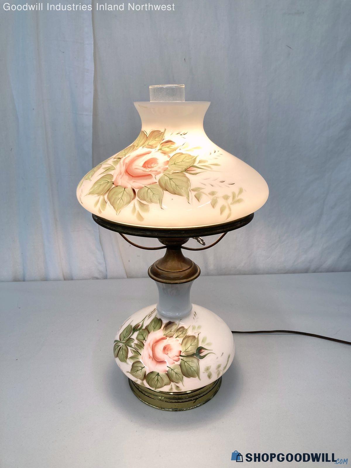 Vintage Working Hand Painted Hurricane Lamp Pink Rose Green Leaf Table ...