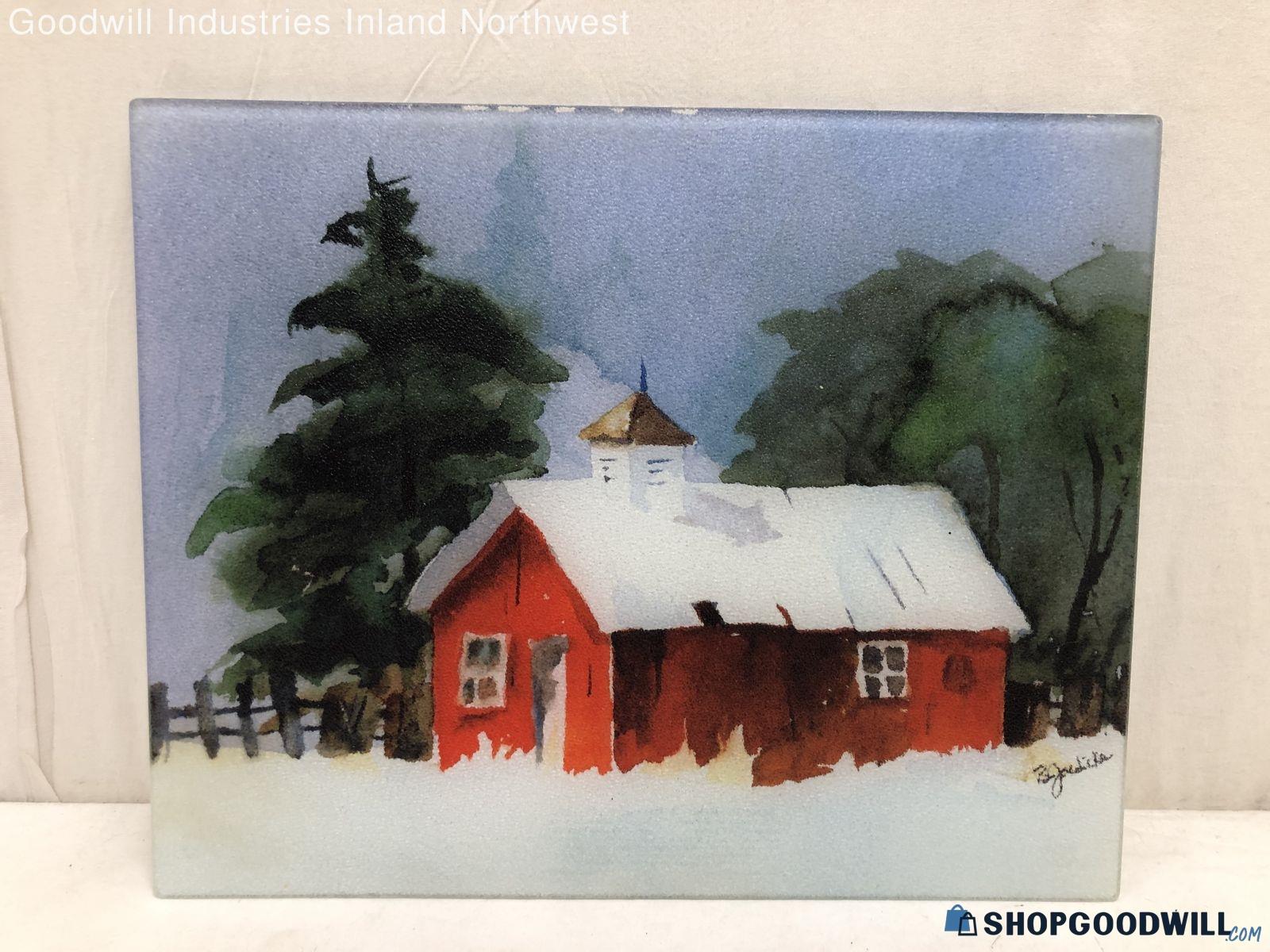 Artisan Bette Jaedicke Snowy Barn Landscape Hand-pressed Glass Art Tile ...