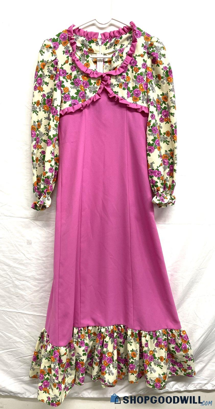 1970s Women's Handmade Pink Floral Ruffle Color Maxi Peasant Dress ...