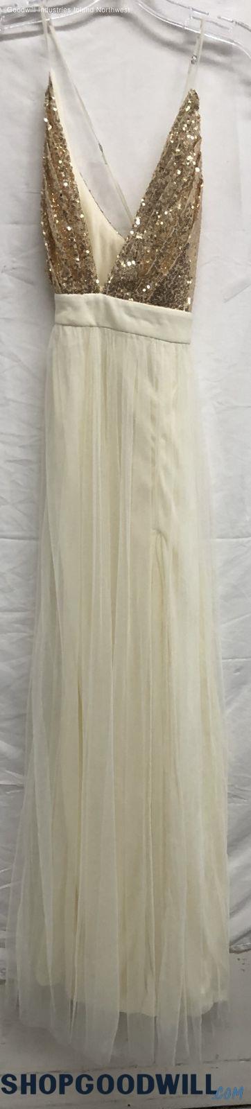 Nwt The Vintage Shop Cross Back Chiffon Gold Sequins Cream Formal Poly 