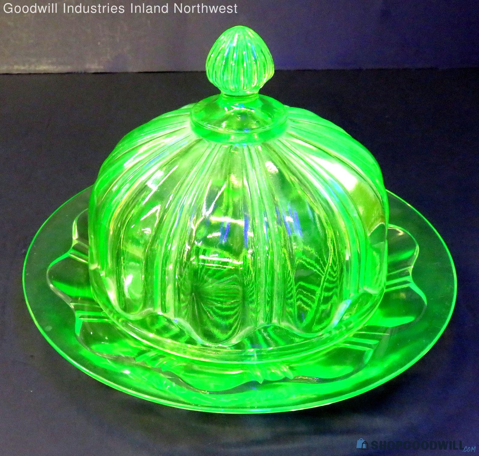 Vintage Uranium Vaseline Glass Covered Dome Cheese Dish