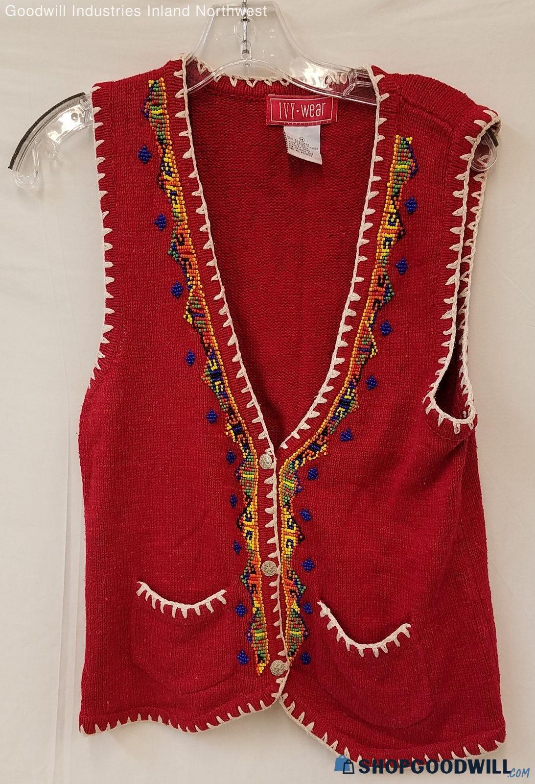 Women's IVy-Wear Red With Colorful Beads Sweater Vest Size M ...