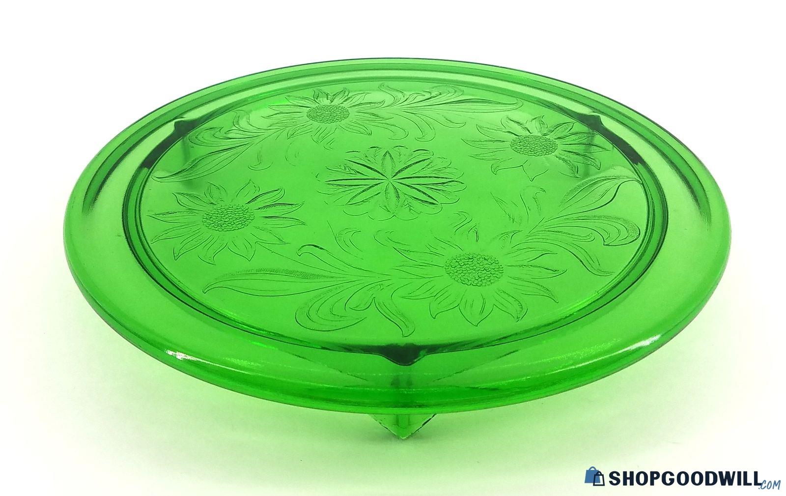 Vintage Jeannette Glass Sunflower Green Uranium Glass 3 Footed Cake Plate 3640