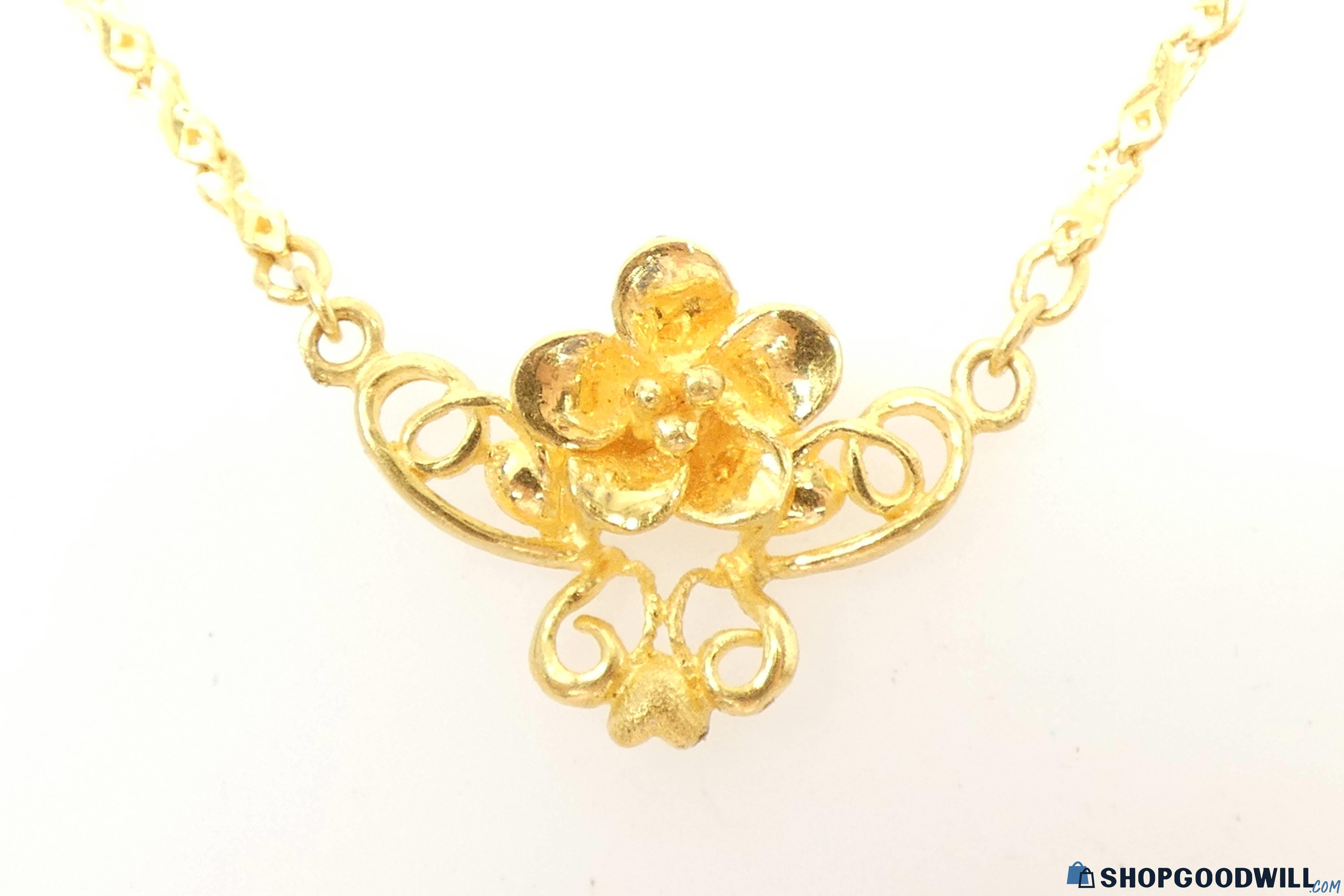 18K Yellow Gold Flower Blossom Heart Fancy Chain Necklace 17 5/8'' 9.1g ...