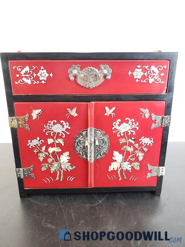 Vintage Asian Style Jewelry Box Keepsake Red W/mother Of Pearl Design ...