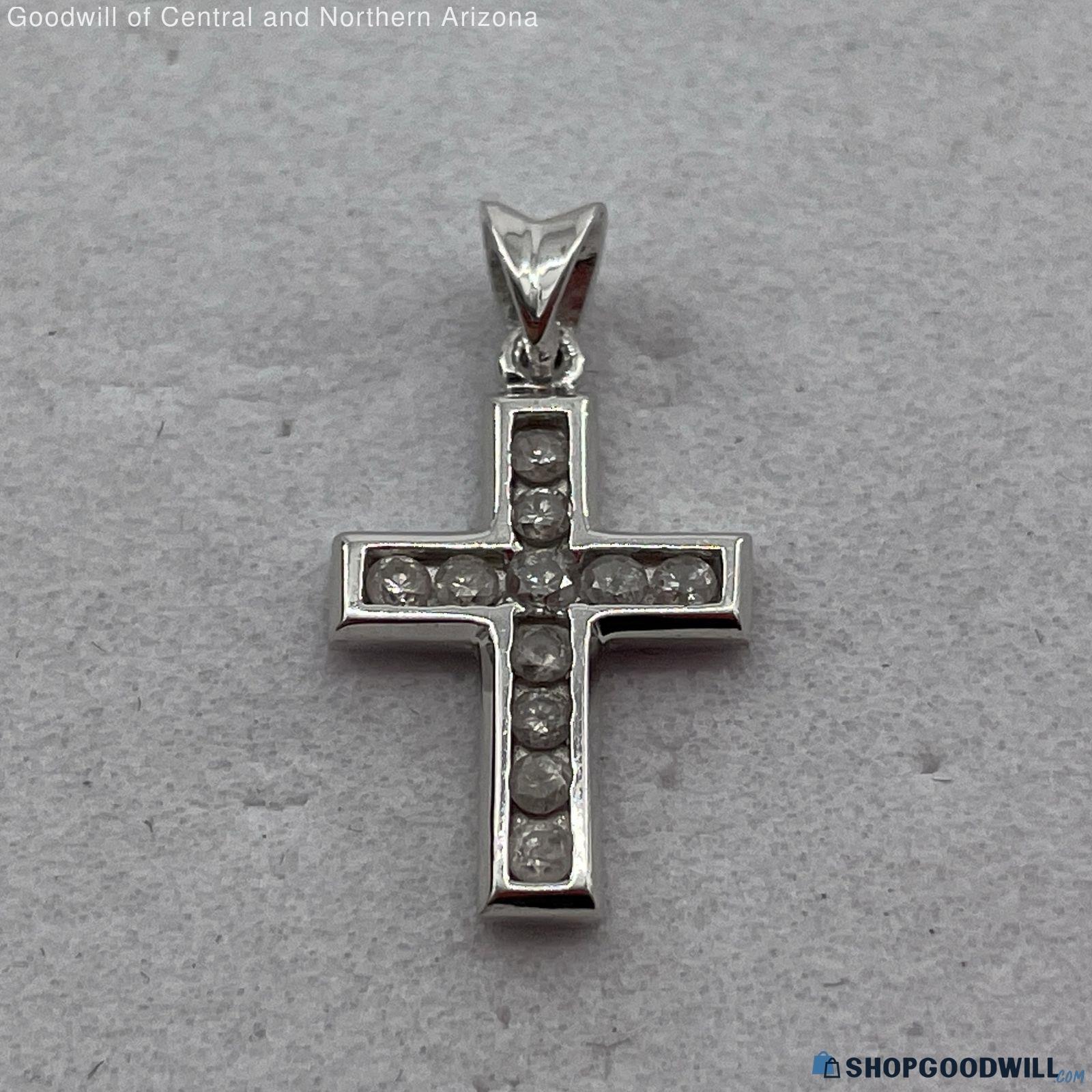 14k White Gold Cross Pendant W Diamond Accents