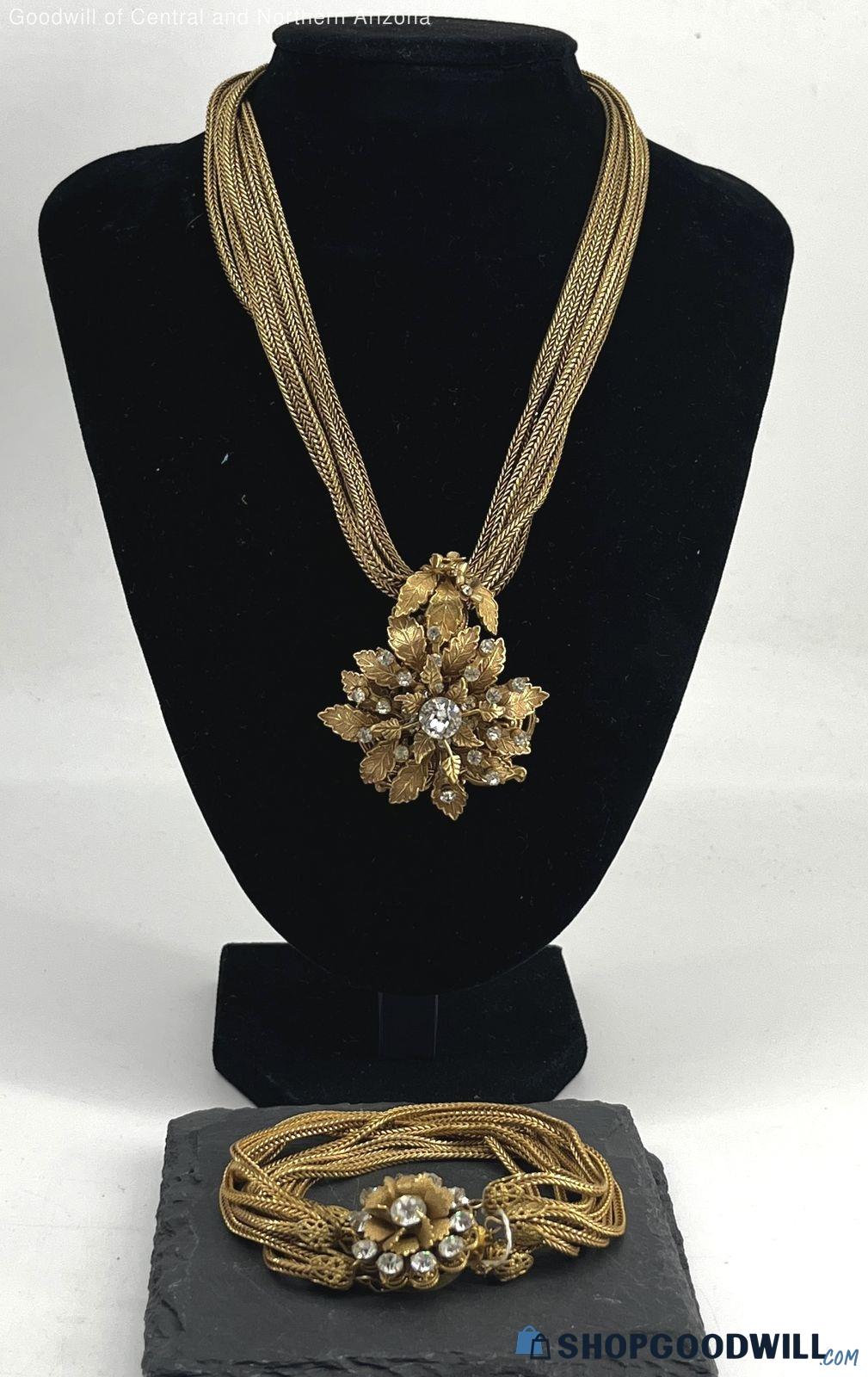 Vintage Gold Tone Amourelle Rhinestone Necklace/bracelet Set 2pc ...