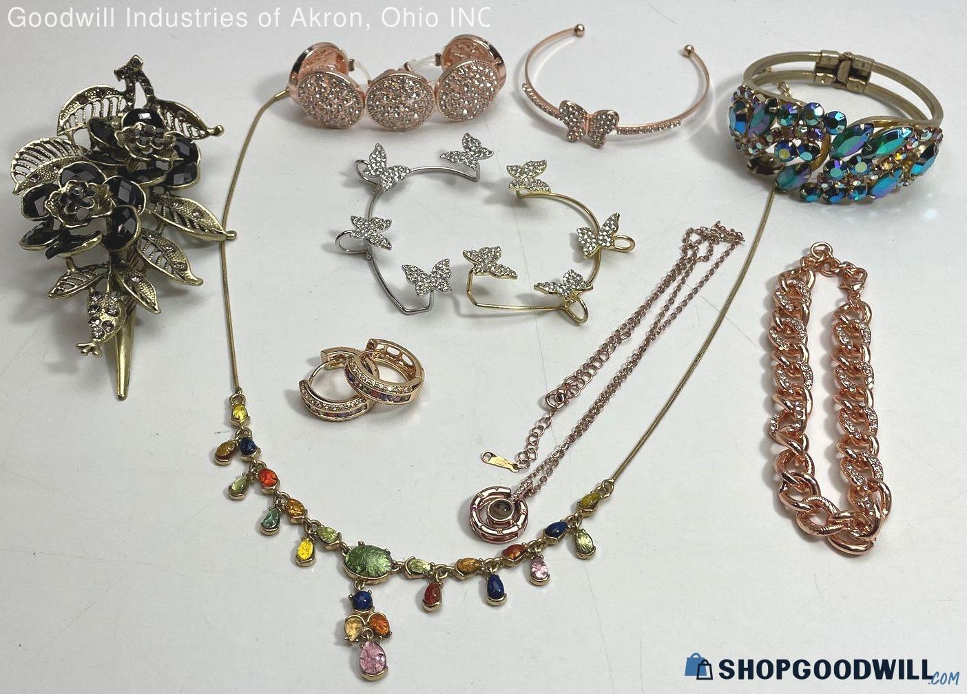 Rhinestones/baubles Lot W/hair Clip/ear Wraps/carnival Glass Bracelet ...