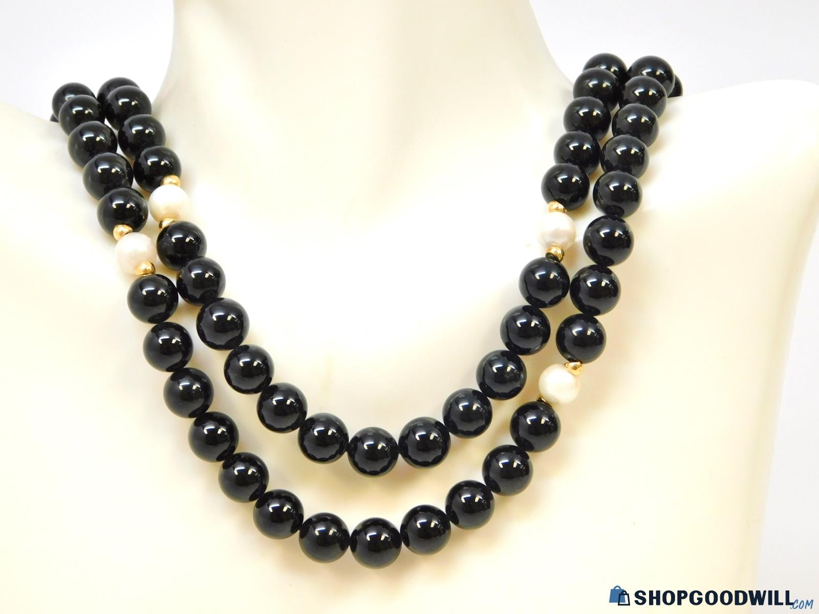 14K Yellow Gold Onyx And Pearl Beaded Necklace - shopgoodwill.com