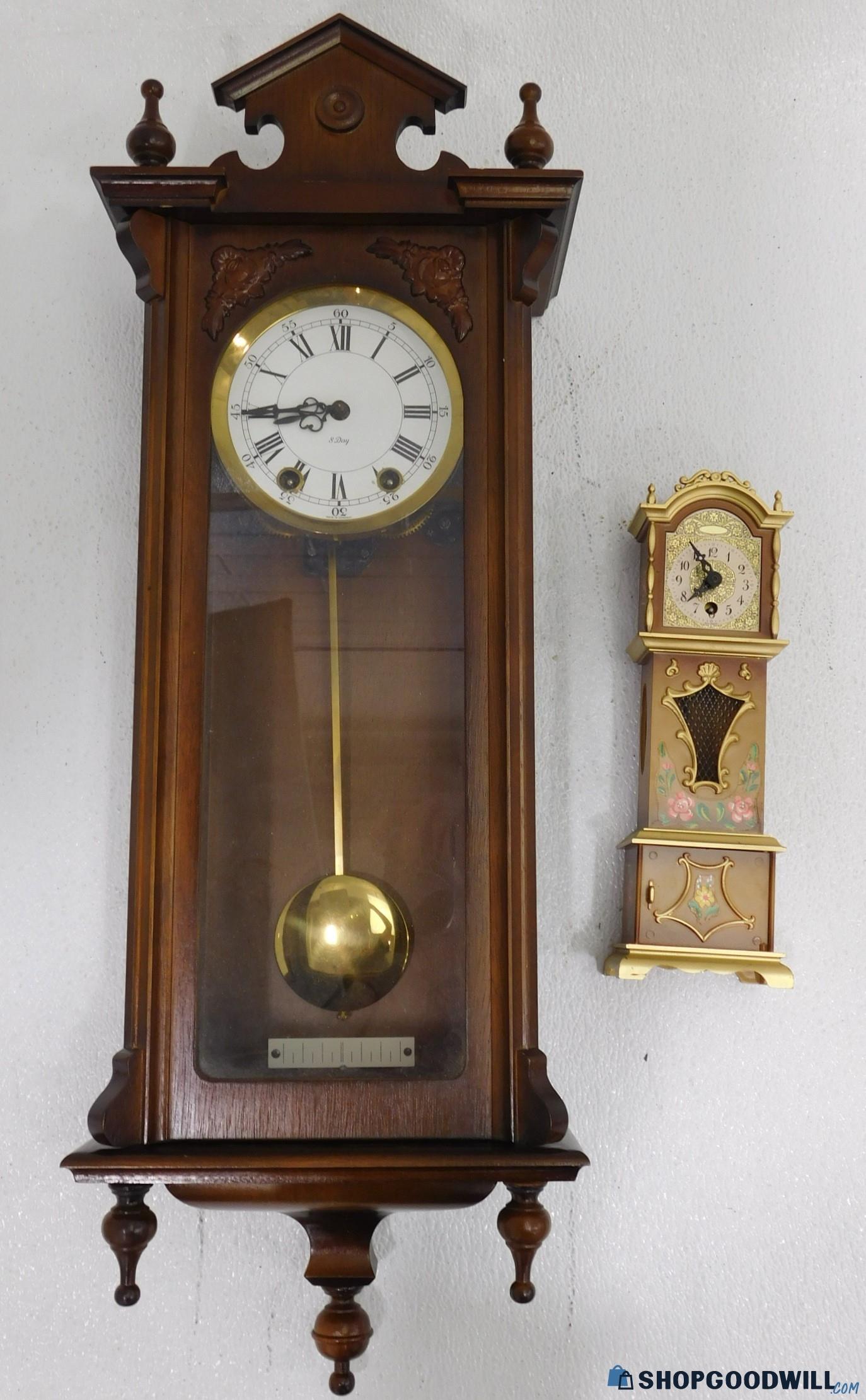 Vintage 8-Day Wind Up Wall Clock W/Miniature Wind-Up Grandfather Clock ...