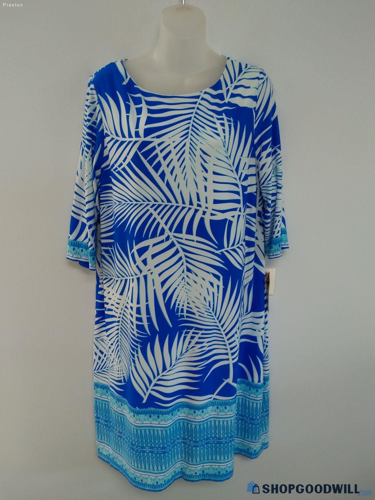 NWT Sandra Darren Women's Elbow Sleeve Blue Leaves Dress SZ XL ...