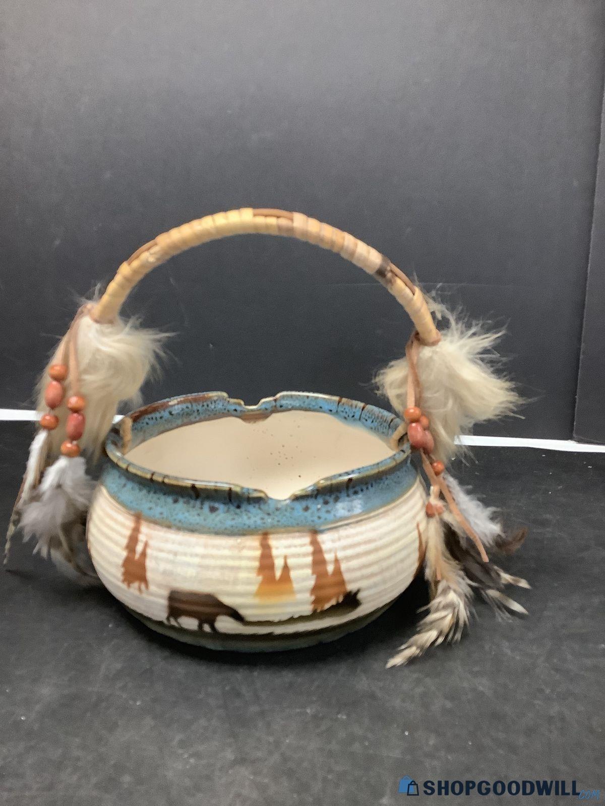 South Western Design Ceramic Basket With Desert Scene & Feathers W ...