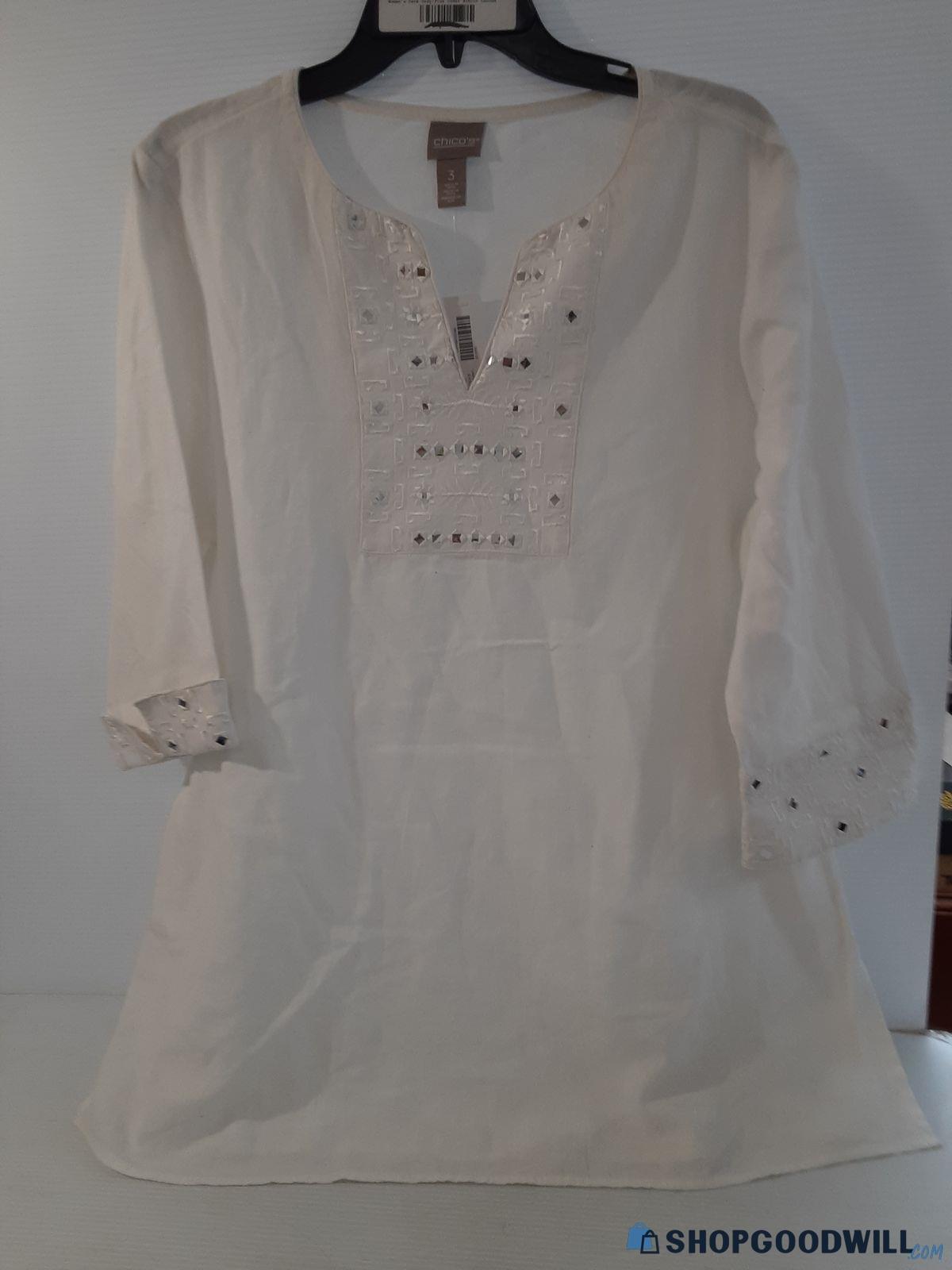 Women's Alabaster/tunic/mirror Embellished Chico's Shirt - Size 3 ...