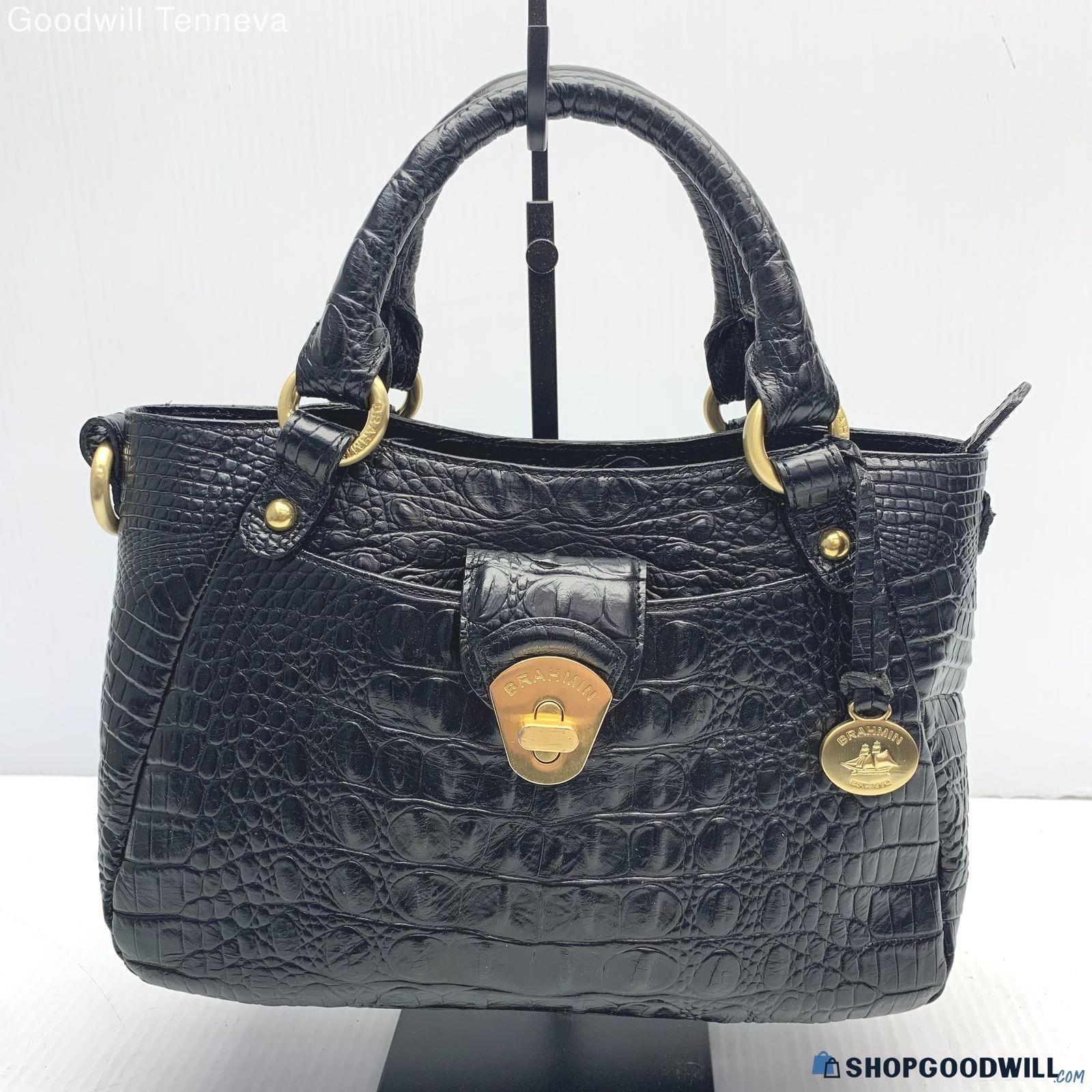 Brahmin Flower Black Melbourne Embossed Alligator Leather Satchel Bag ...