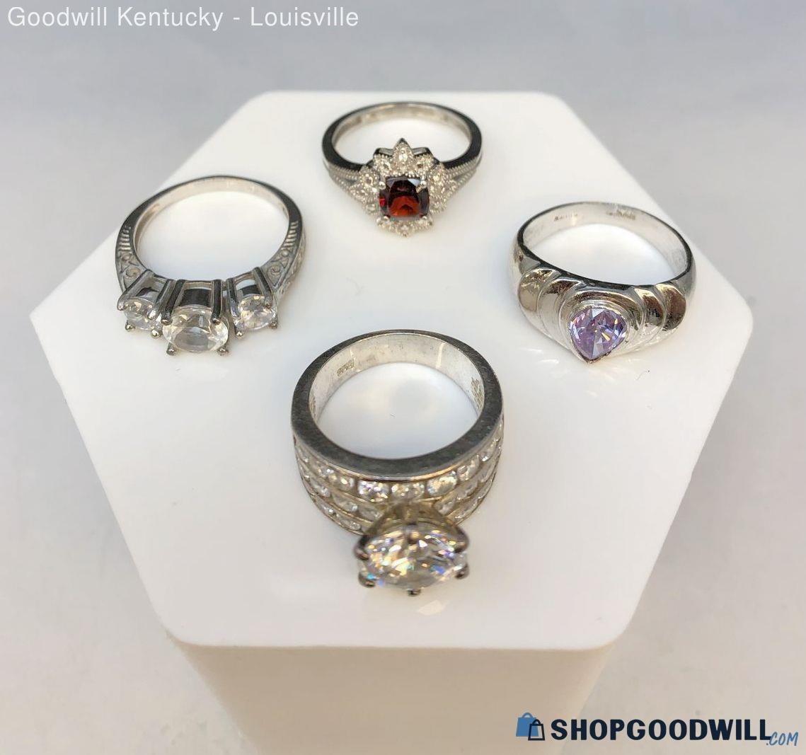 4 Assorted Sterling Silver 925 Embellished Rings/ Varied Sizes & Styles ...