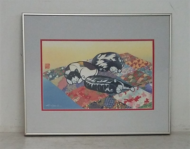 Aki Sogabe 'Cats on Blanket' Signed Print - shopgoodwill.com