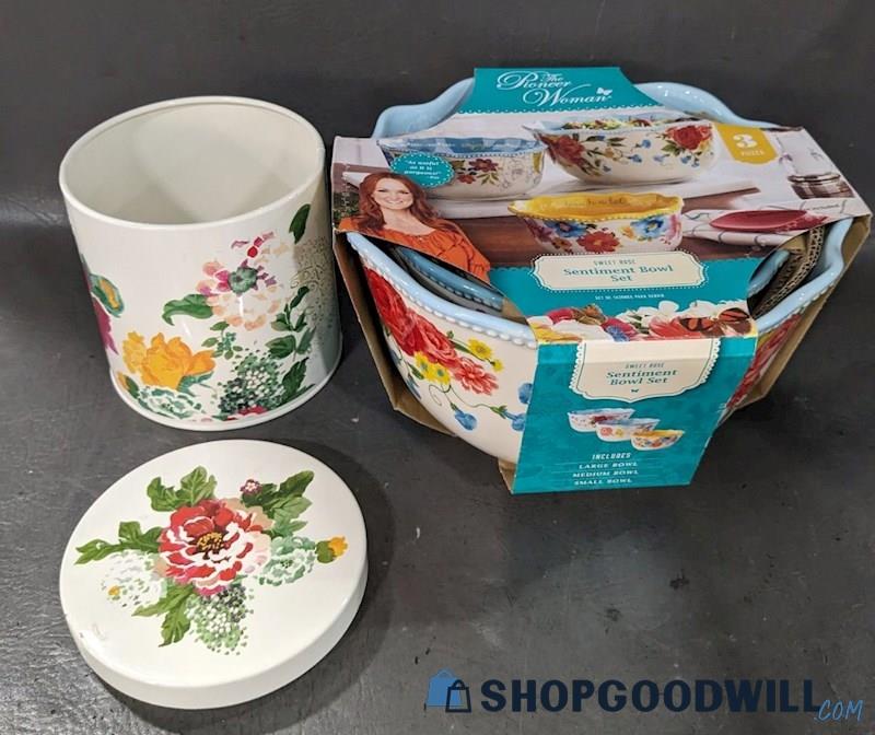 The Pioneer Woman 3 Sweet Rose Sentiment Serving Bowls & Metal Canister ...