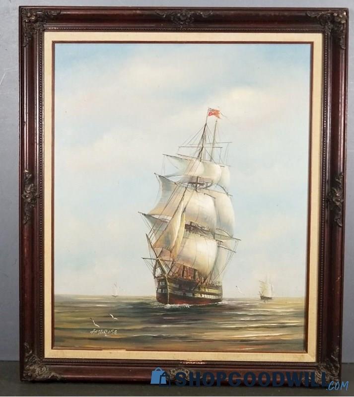 Ambrose British Clipper Ship Seascape Oil Painting - shopgoodwill.com