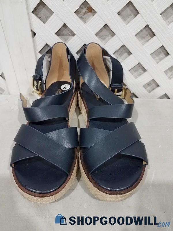 Used Women's Michael Kors Navy Blue Darby Leather Flat Form Sandals ...