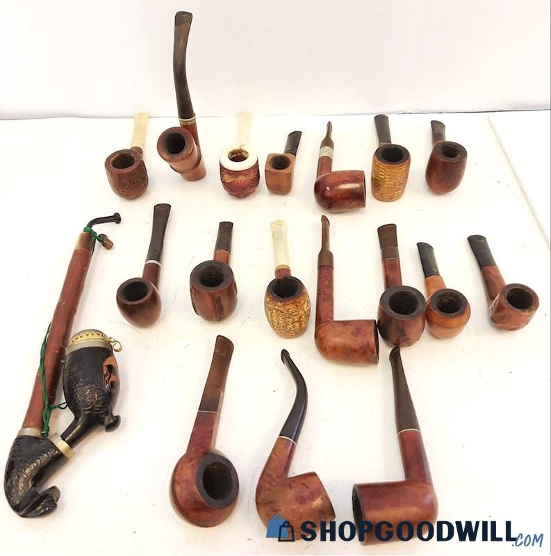 Vintage Wooded Smoking Tobacco Estate Pipes Lot Of 17 & 1 Hunters Pipe 