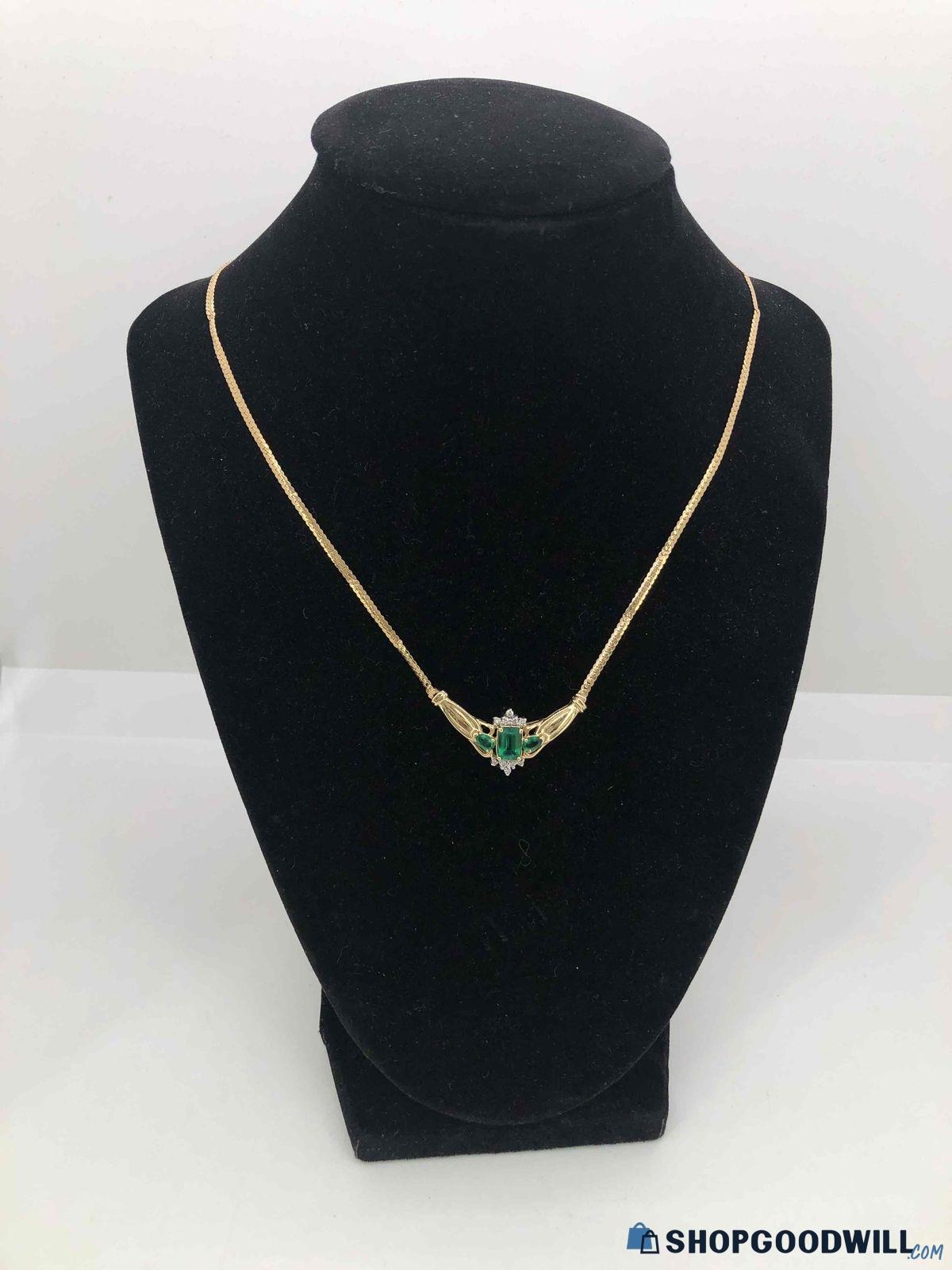 5.1g Unique ADL 14k Gold Emerald Diamond Herringbone Chain Necklace