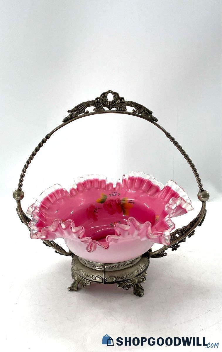 Fenton Hand Painted Pink Floral Bride's Basket | ShopGoodwill.com