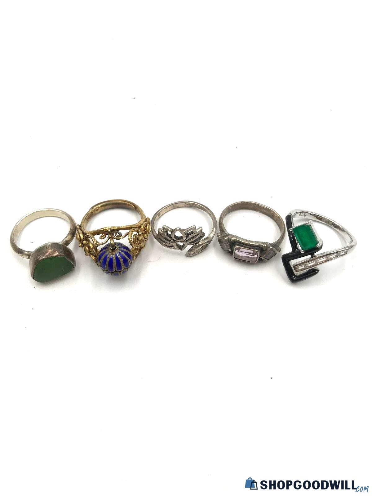 925 Sterling Silver Vermeil 5pc Lot Multi Stone Solitaire Openwork Band ...