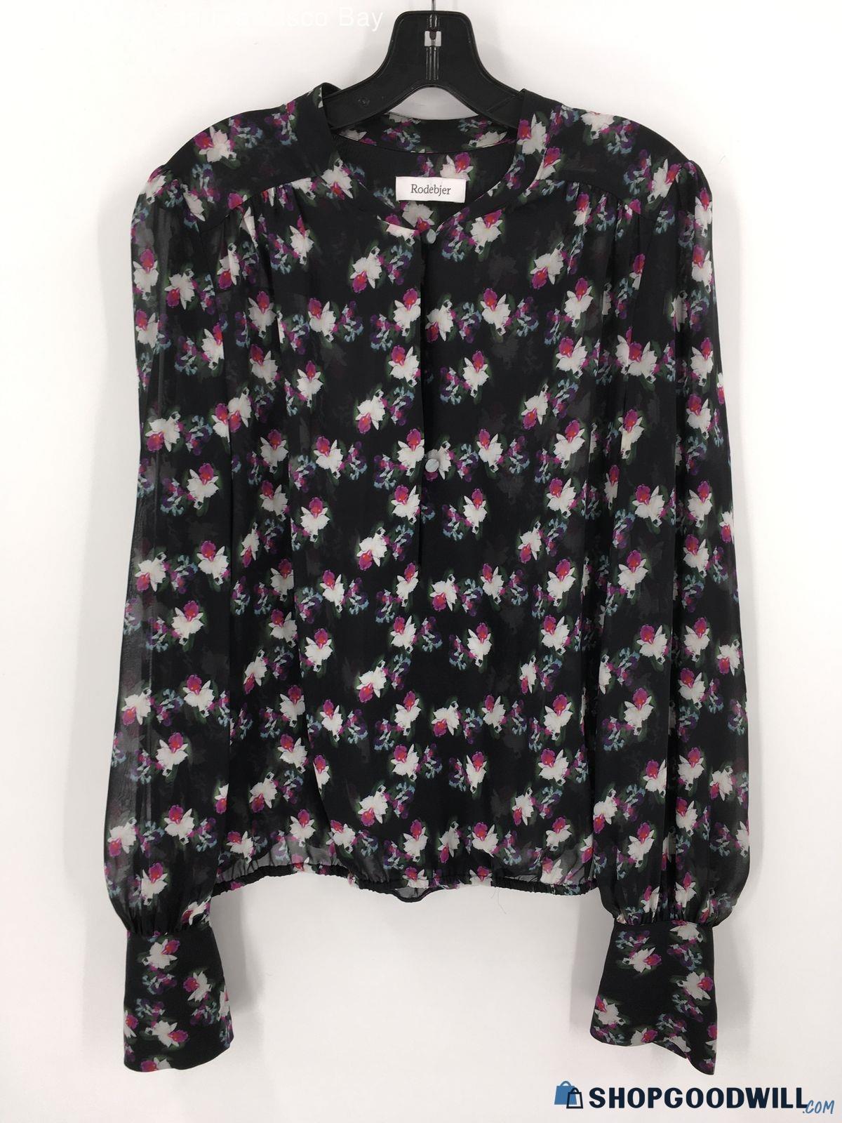 Rodebjer Womens Astride Blouse Black Multicolor Floral 100% Silk Long ...