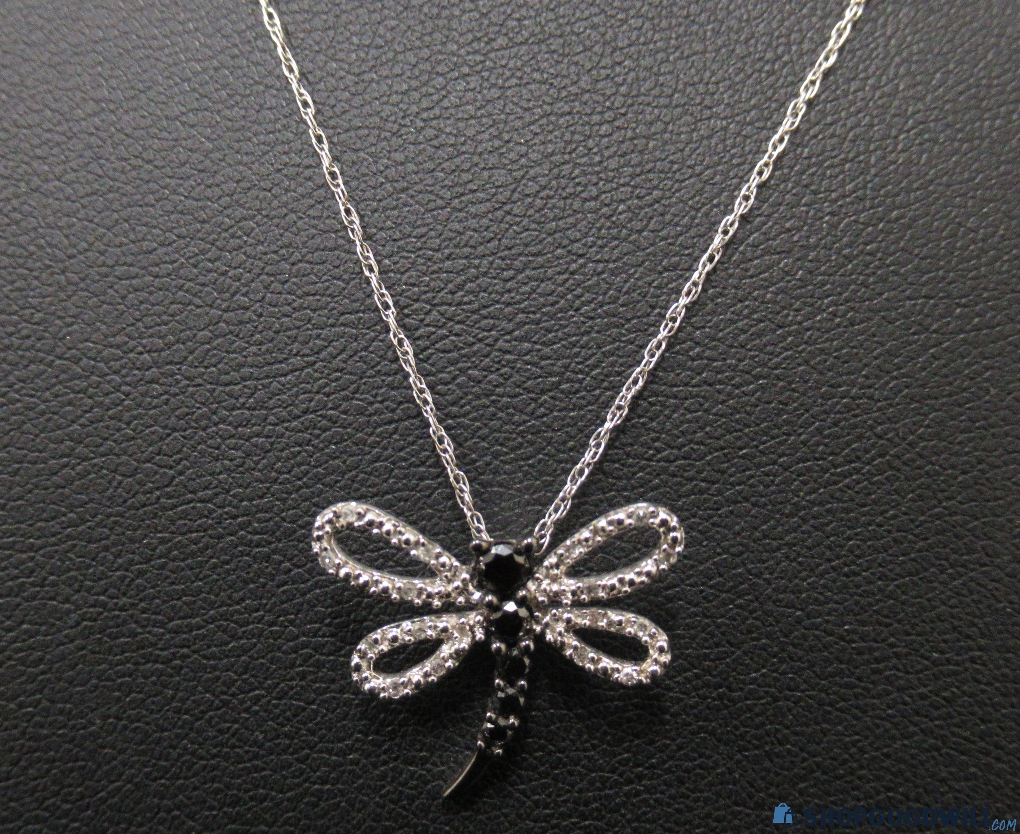 14k White Gold Black Diamond Dragonfly Pendant Necklace