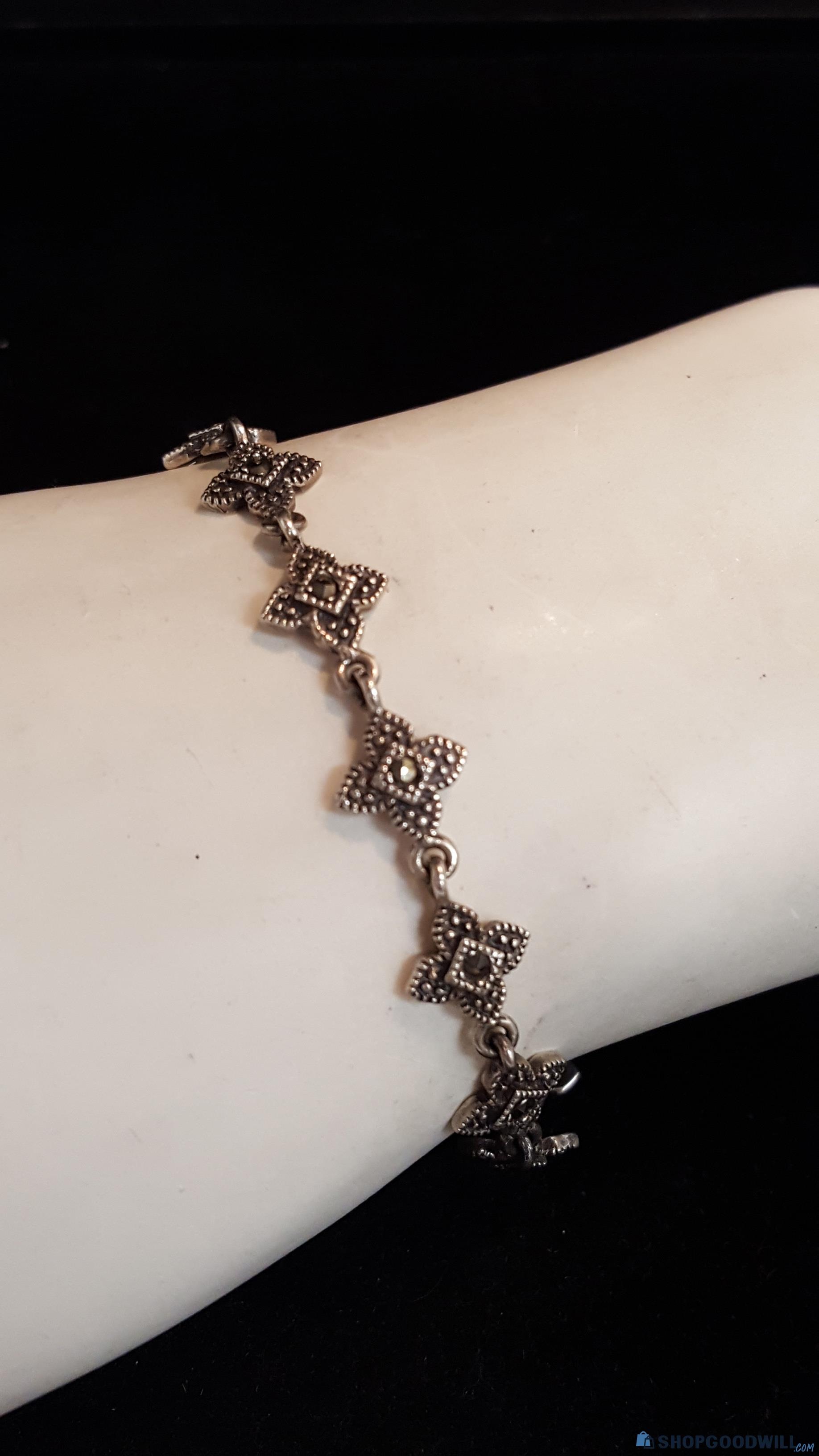 925 Sterling Silver Floral Bracelet With Marcasite | ShopGoodwill.com