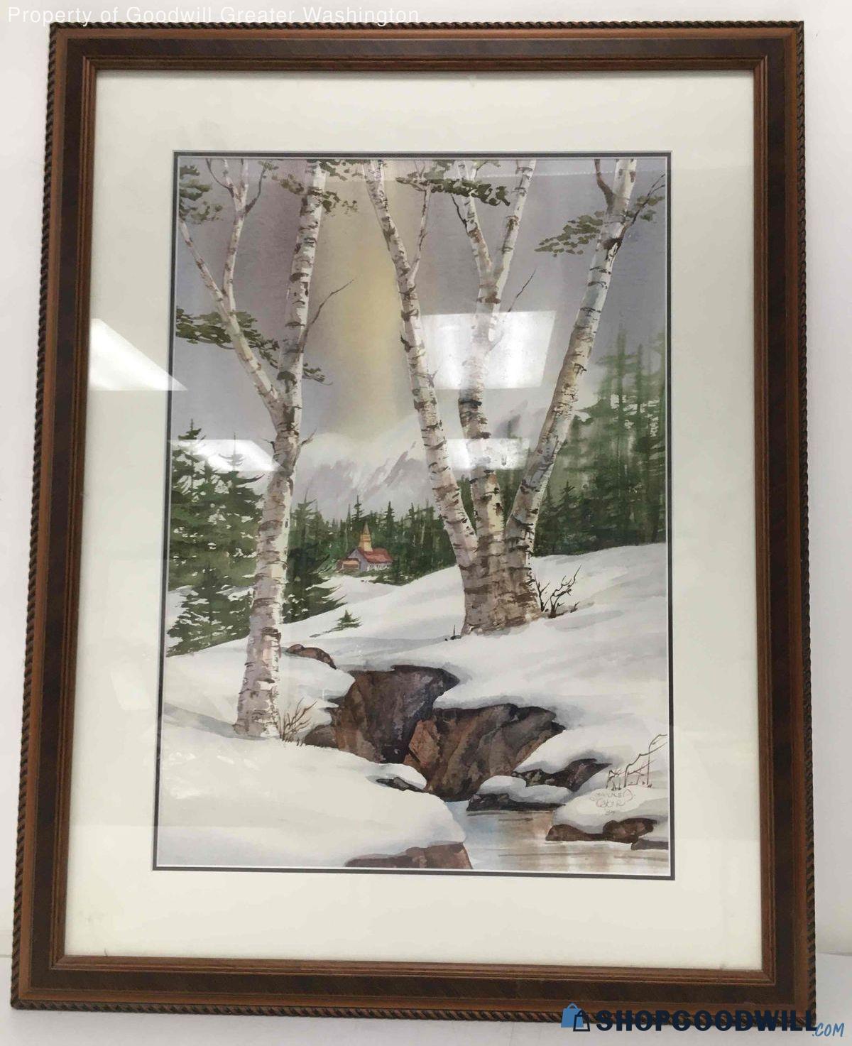 Vintage Signed Jeanne Ocker Snow Leafless Trees House Painting 22x27.5 ...