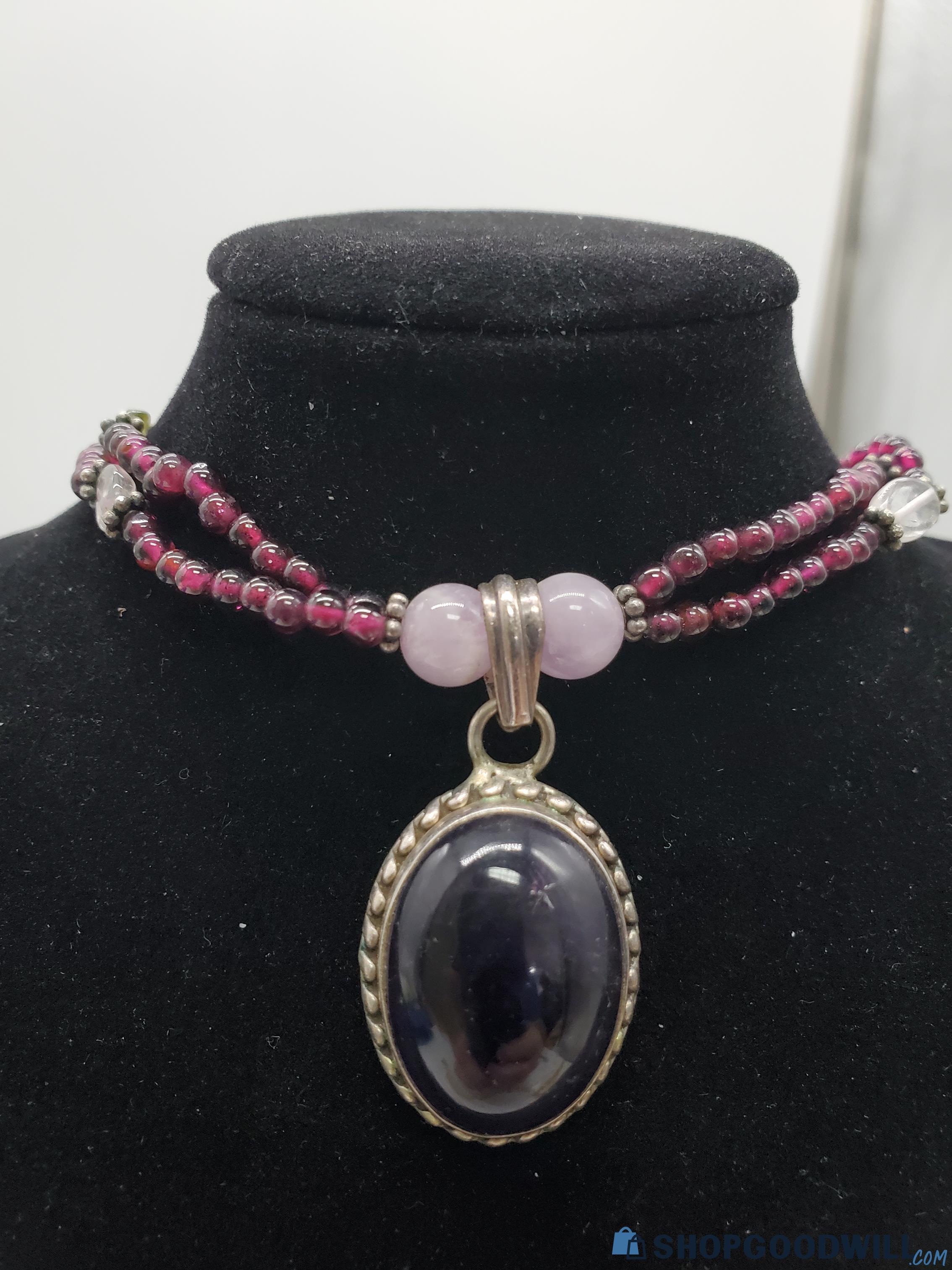 Gemstone Bead Necklace With Sterling Closure & Pendant- 17 Inches ...