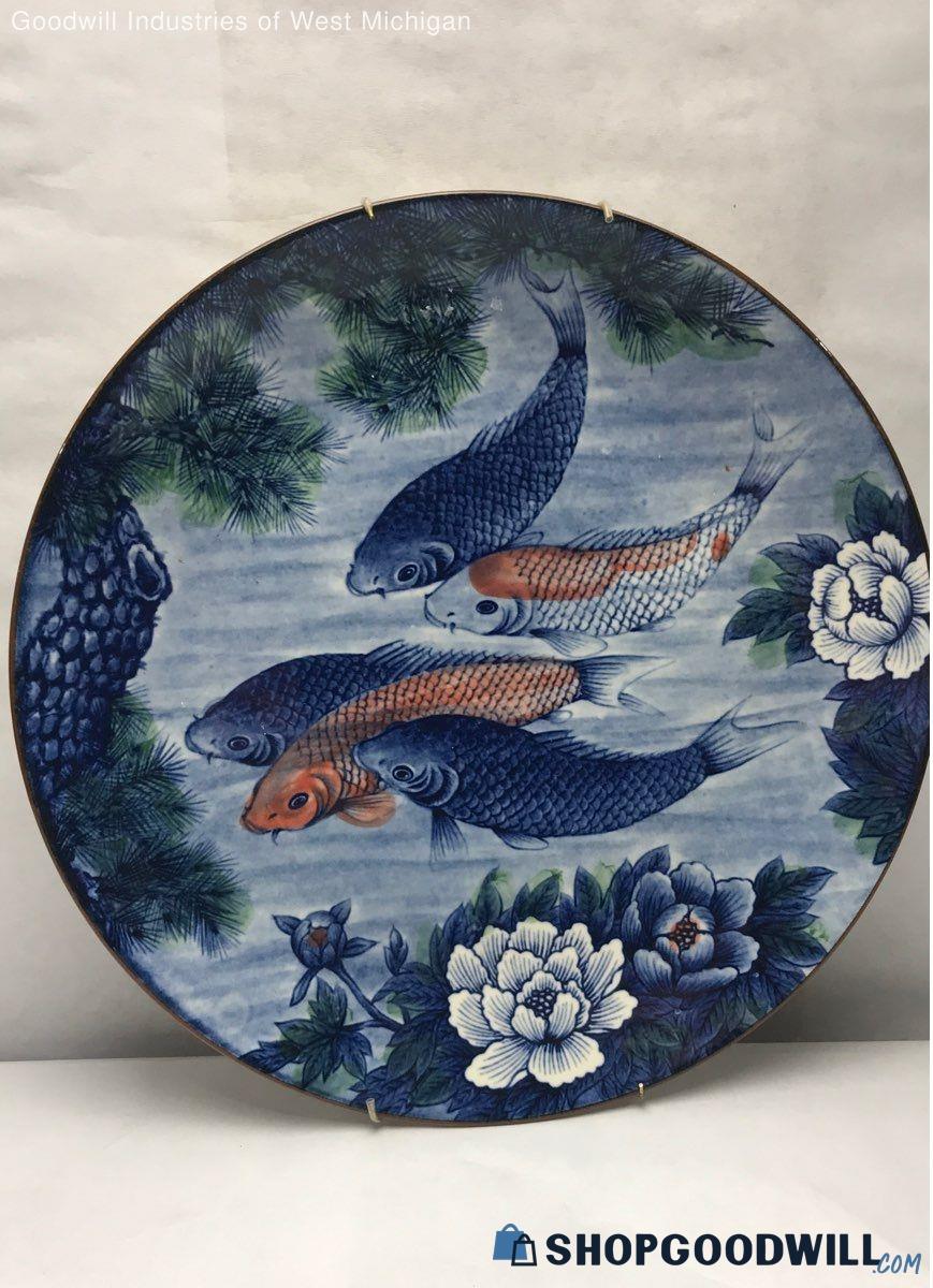 Blue, White, And Orange Japanese Koi Fish Painting Ceramic Plate 12.5 ...