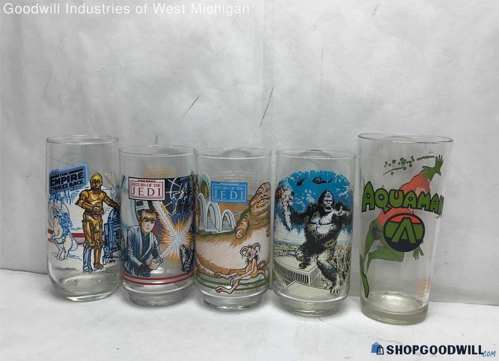 (5) Assorted Star Wars, King Kong & Aqua Man Drinking Glasses ...