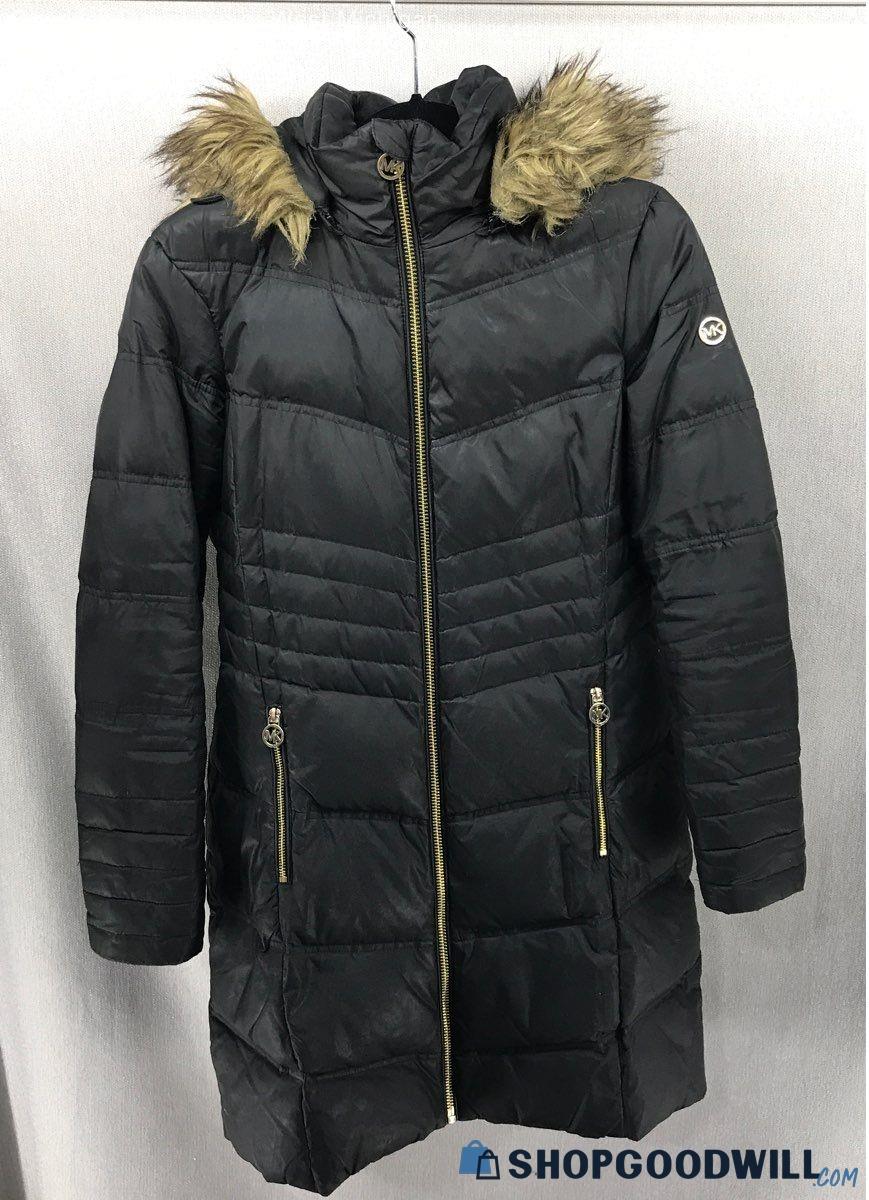 Michael Kors Black Long Puffy Coat With Faux Fur Hood Size Small ...