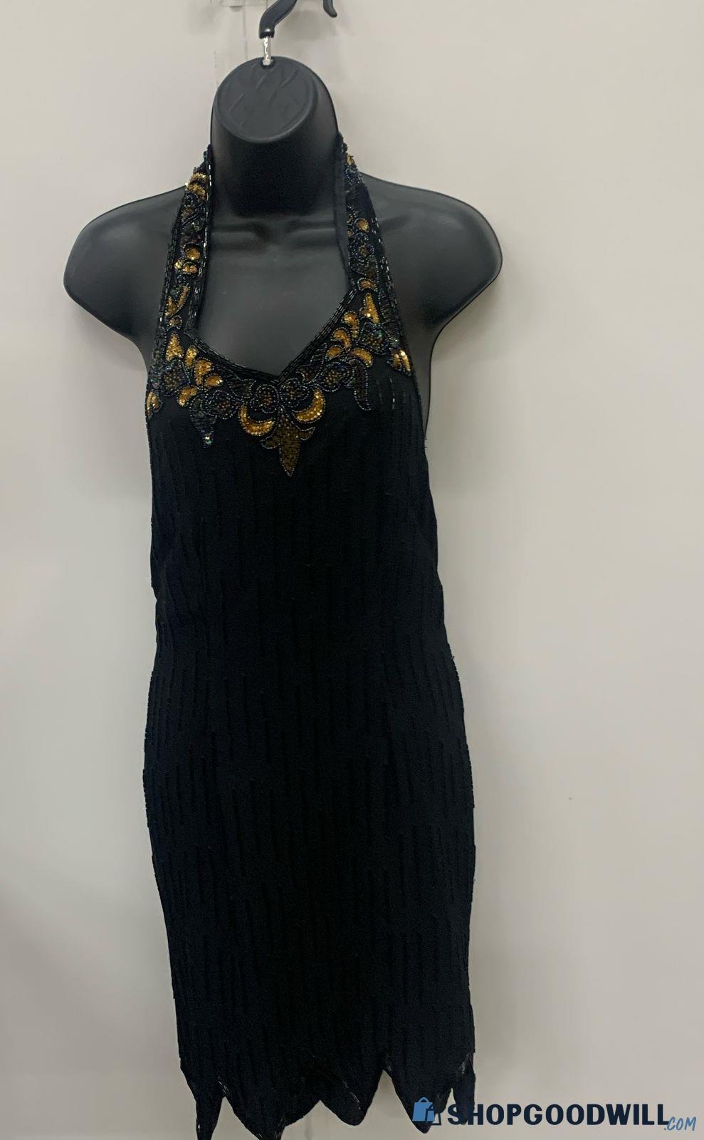 Beaded Drama Special Occasion Women's 100% Silk Black Halter Dress Sz M ...