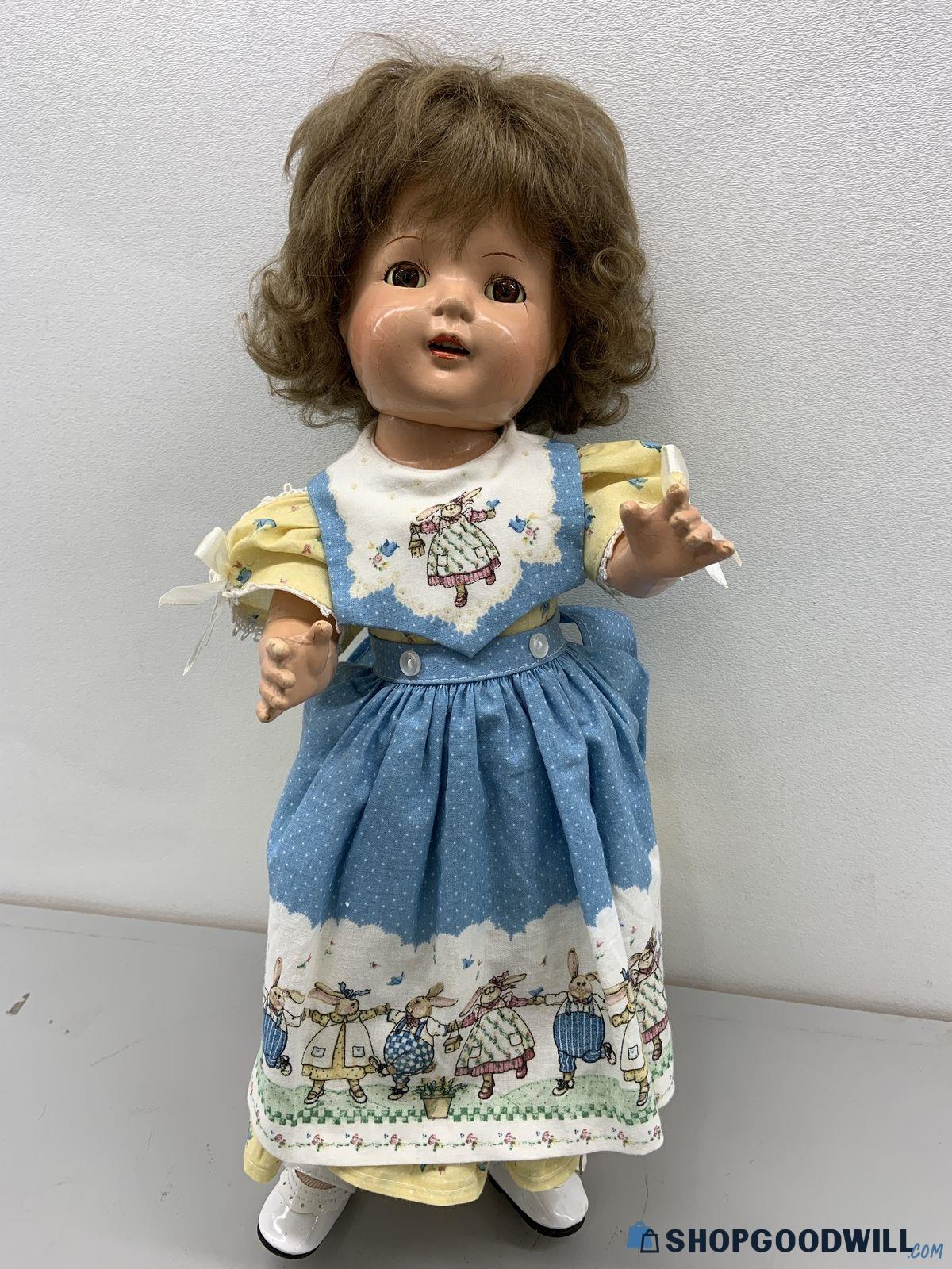 17 Vintage Daisy Kingdom Blonde Brunette Doll W Blue Rabbit Apron Yellow Dress