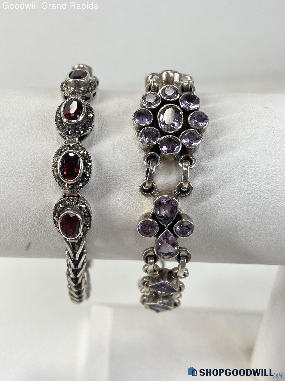 2 Sterling Silver 925 Gemstone Bracelets- Garnets & Amethysts 30.0 ...